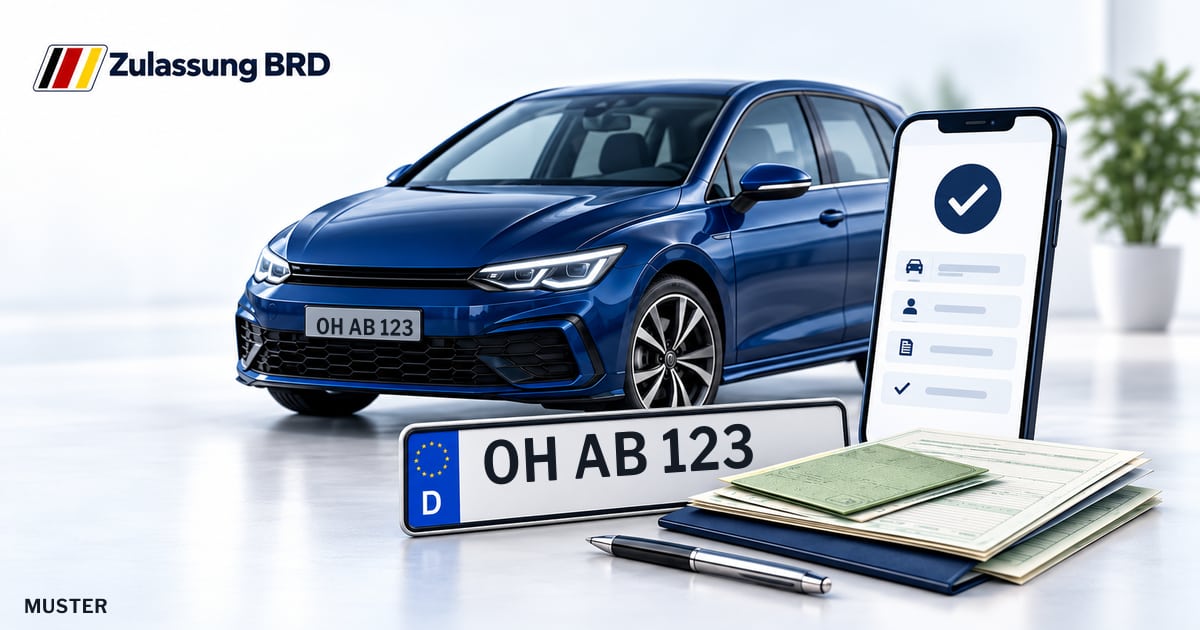 Online Fahrzeugzulassung in Eutin: Musterkennzeichen OH AB 123, Auto und Fahrzeugpapiere und Smartphone. Illustration mit Logo von Zulassung BRD.